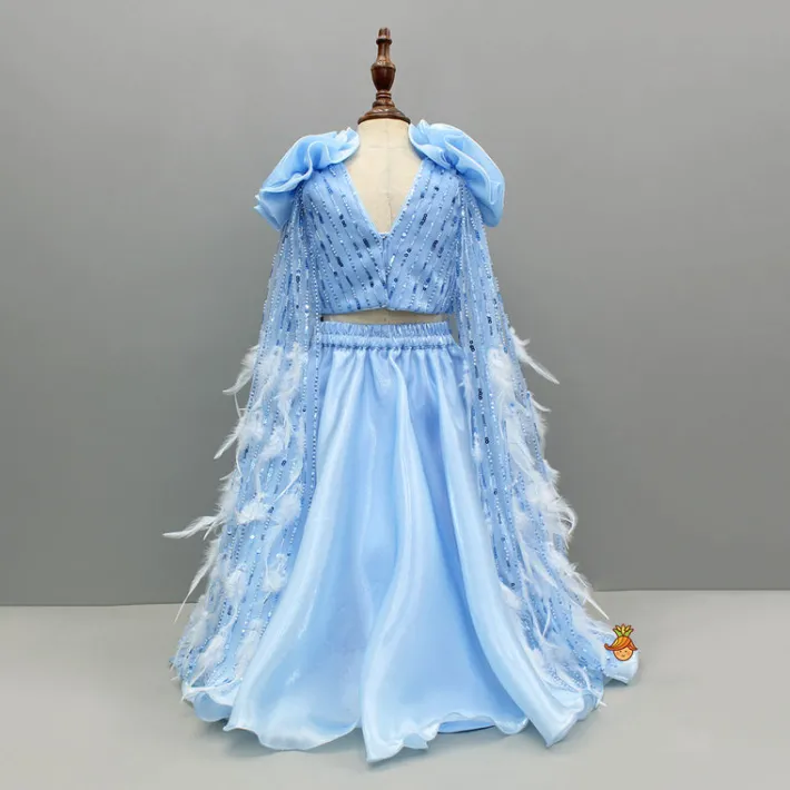 Hot Blue Embroidered Embellished Top With Shoulder Drapes And Lehenga Ethnic Wear | Lehengas & Ghagras