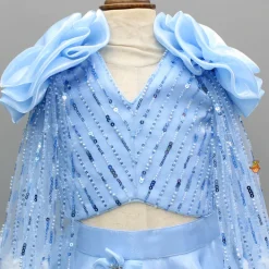 Hot Blue Embroidered Embellished Top With Shoulder Drapes And Lehenga Ethnic Wear | Lehengas & Ghagras