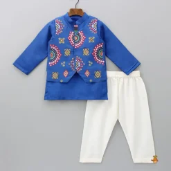 Hot Blue Embroidered Jacket With Kurta And Pyjama BOY Indian Ethnic Wear | Ethnic Sets