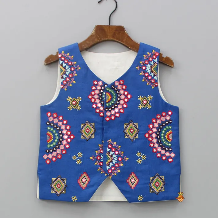 Hot Blue Embroidered Jacket With Kurta And Pyjama BOY Indian Ethnic Wear | Ethnic Sets