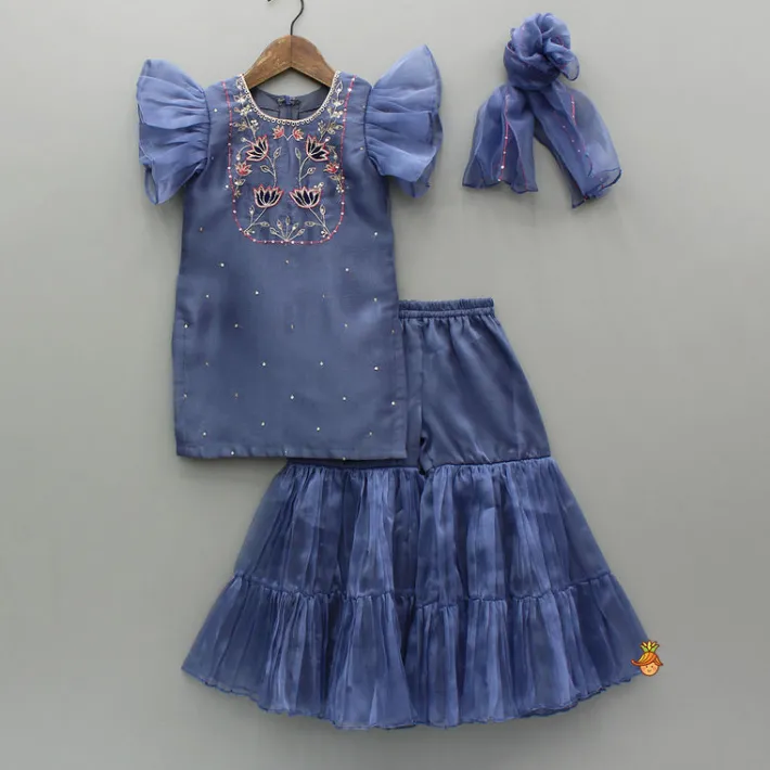 Sale Blue Embroidered Kurti With Pleated Sharara And Dupatta Ethnic Wear | Palazzos & Shararas