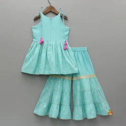 Outlet Blue Embroidered Strappy Kurti And Tiered Sharara With Dupatta Ethnic Wear | Palazzos & Shararas