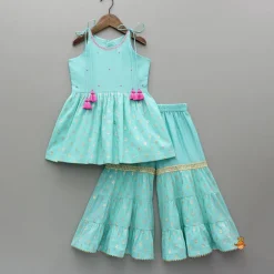 Outlet Blue Embroidered Strappy Kurti And Tiered Sharara With Dupatta Ethnic Wear | Palazzos & Shararas