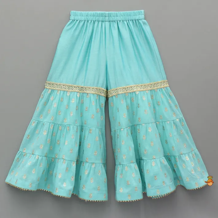 Outlet Blue Embroidered Strappy Kurti And Tiered Sharara With Dupatta Ethnic Wear | Palazzos & Shararas