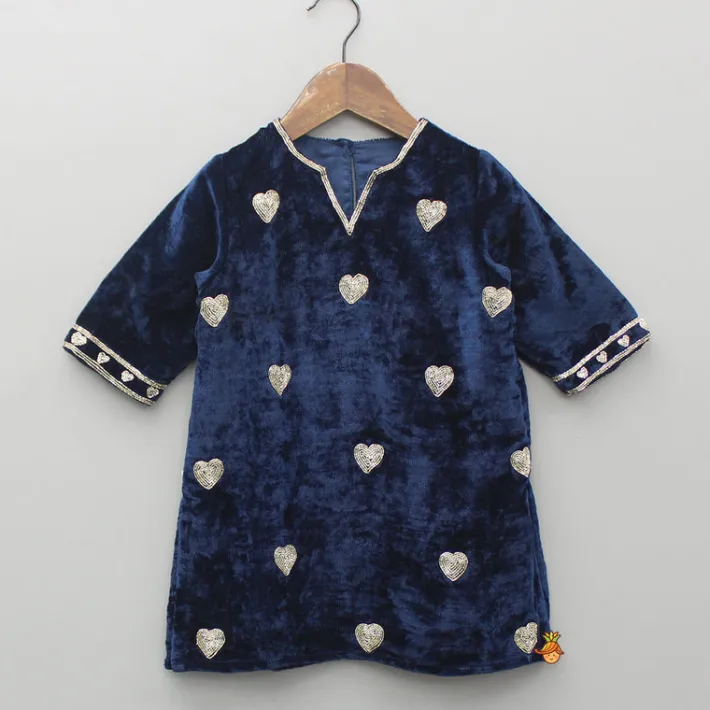 Hot Blue Embroidered Velvet Kurti And Pant Ethnic Wear | Churidars & Salwars