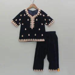 Discount Blue Embroidered Velvet Kurti And Patiala With Fringes Detailed Dupatta Ethnic Wear | Dhotis & Patialas