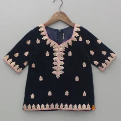 Discount Blue Embroidered Velvet Kurti And Patiala With Fringes Detailed Dupatta Ethnic Wear | Dhotis & Patialas
