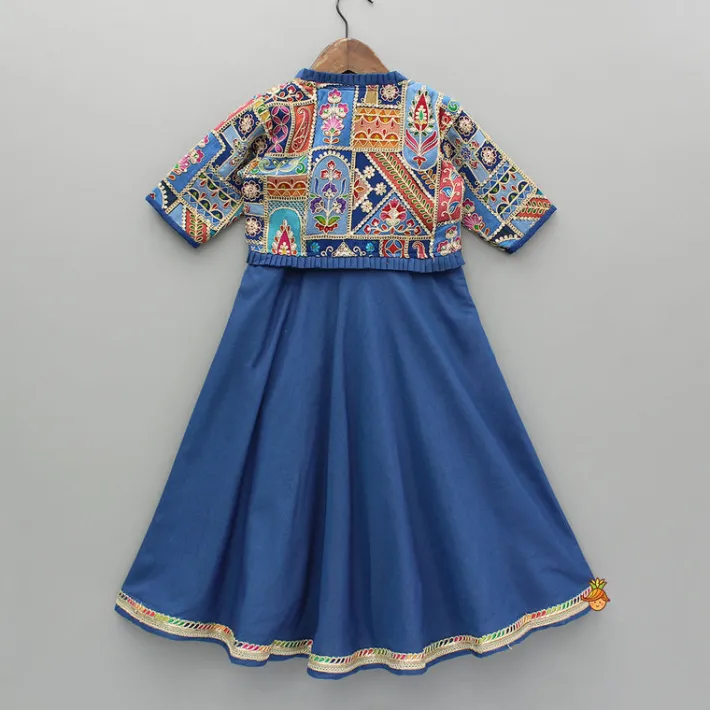 Online Blue Flared Kurti With Multicoloured Embroidered Jacket Ethnic Wear | Kurtis & Jumpsuits
