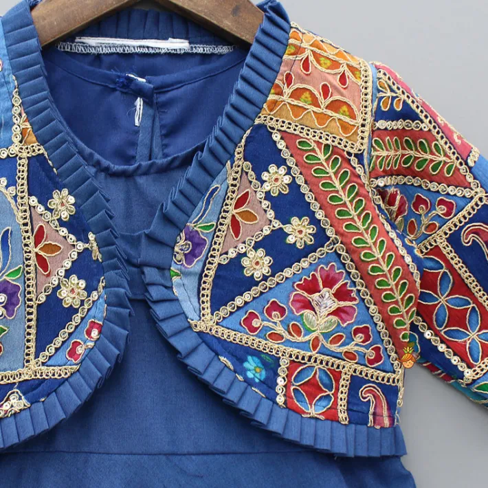 Online Blue Flared Kurti With Multicoloured Embroidered Jacket Ethnic Wear | Kurtis & Jumpsuits
