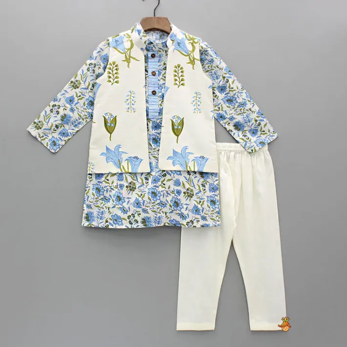 Online Blue Floral Printed Kurta With Front Open Jacket And Pyjama BOY Indian Ethnic Wear | Ethnic Sets