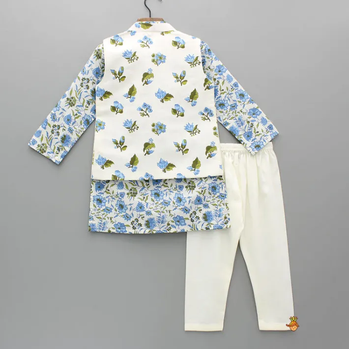 Online Blue Floral Printed Kurta With Front Open Jacket And Pyjama BOY Indian Ethnic Wear | Ethnic Sets