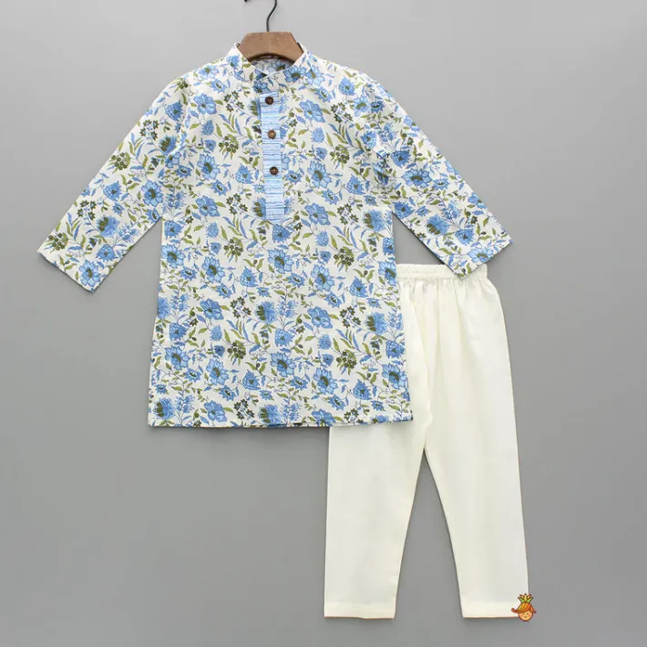 Online Blue Floral Printed Kurta With Front Open Jacket And Pyjama BOY Indian Ethnic Wear | Ethnic Sets