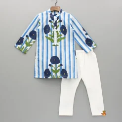 Outlet Blue Floral Printed Kurta With Gota Lace Detailed Jacket And Pyjama BOY Indian Ethnic Wear | Ethnic Sets
