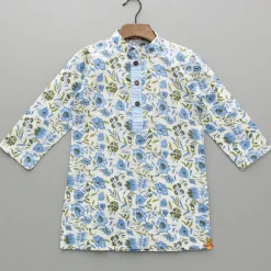 Online Blue Floral Printed Kurta With Front Open Jacket And Pyjama BOY Indian Ethnic Wear | Ethnic Sets
