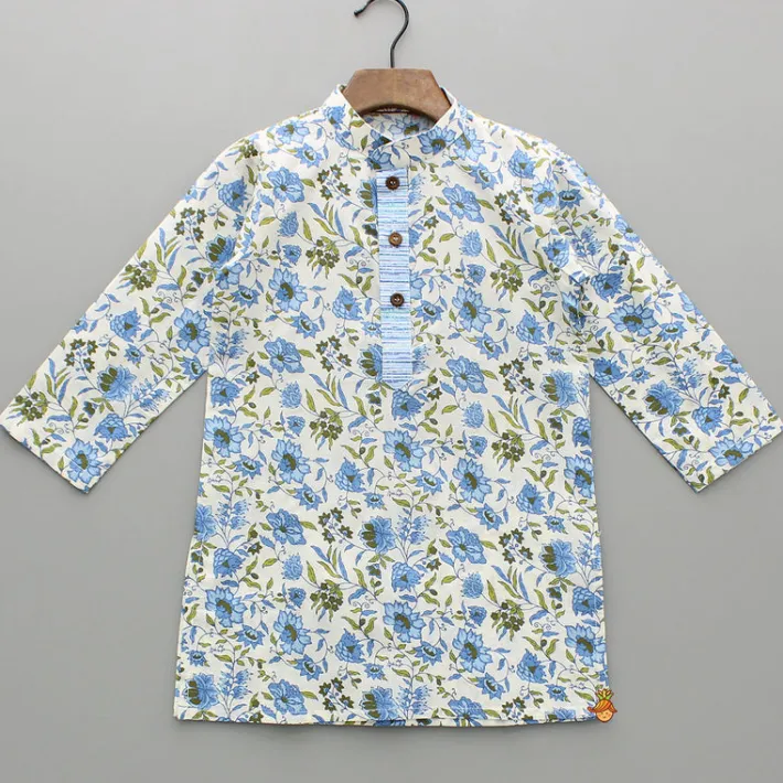 Online Blue Floral Printed Kurta With Front Open Jacket And Pyjama BOY Indian Ethnic Wear | Ethnic Sets