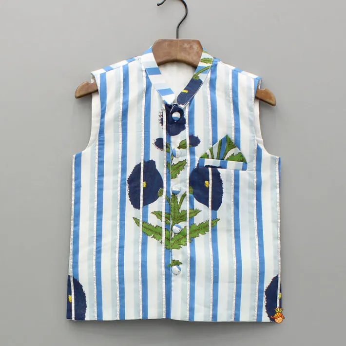 Outlet Blue Floral Printed Kurta With Gota Lace Detailed Jacket And Pyjama BOY Indian Ethnic Wear | Ethnic Sets