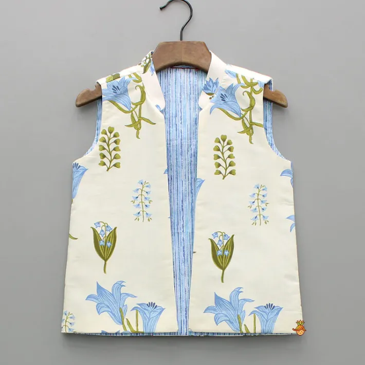 Online Blue Floral Printed Kurta With Front Open Jacket And Pyjama BOY Indian Ethnic Wear | Ethnic Sets