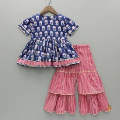 Best Blue Floral Printed Kurti With Pink Stripe Printed Layered Sharara Ethnic Wear | Palazzos & Shararas