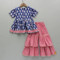Best Blue Floral Printed Kurti With Pink Stripe Printed Layered Sharara Ethnic Wear | Palazzos & Shararas