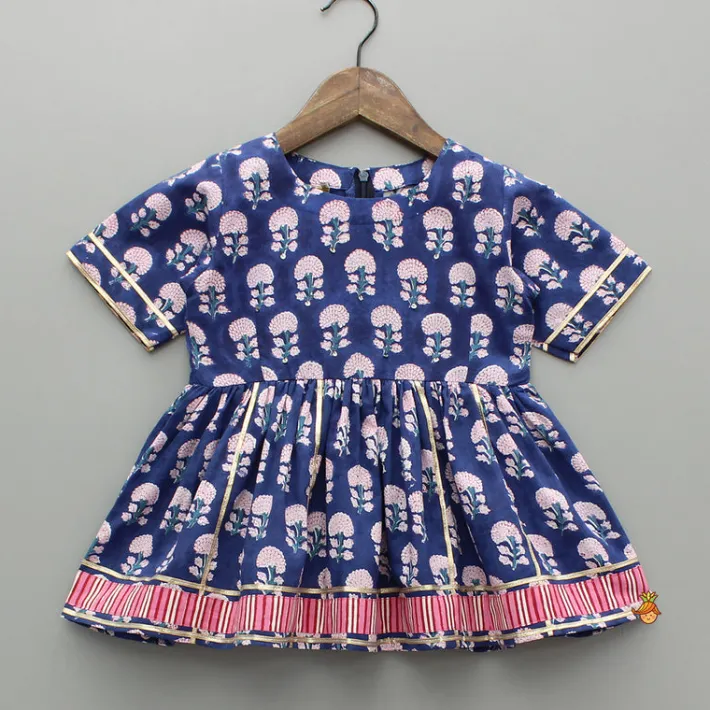 Best Blue Floral Printed Kurti With Pink Stripe Printed Layered Sharara Ethnic Wear | Palazzos & Shararas