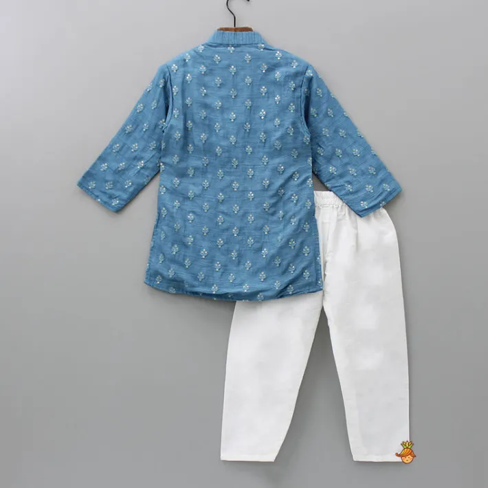 Outlet Blue Floral Thread And Sequin Work Kurta And Pyjama BOY Indian Ethnic Wear | Ethnic Sets