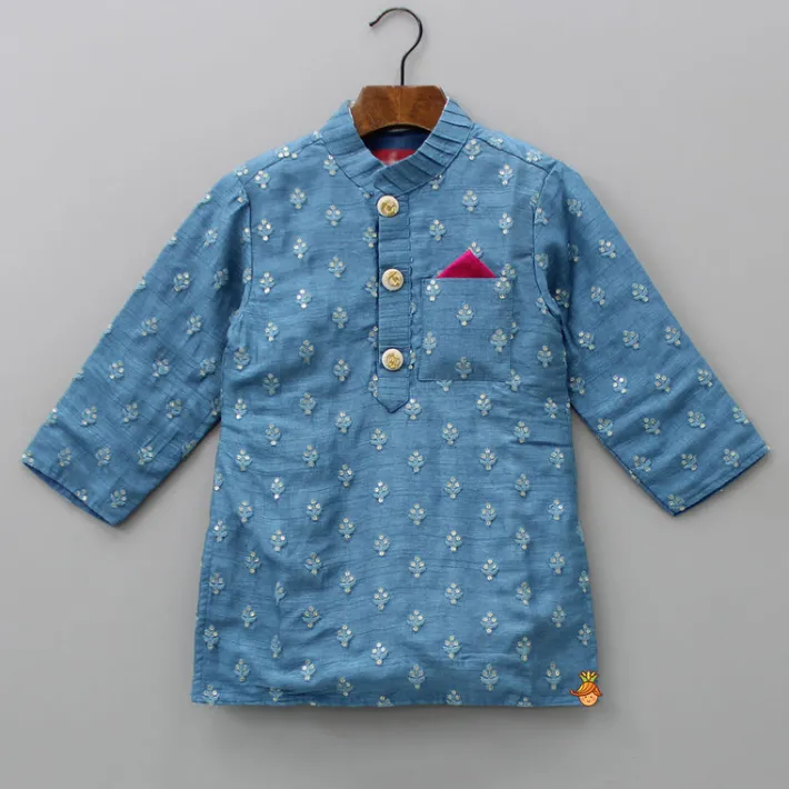 Outlet Blue Floral Thread And Sequin Work Kurta And Pyjama BOY Indian Ethnic Wear | Ethnic Sets