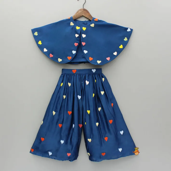Outlet Blue Heart Embroidered Cape Attached Top And Flared Palazzo Ethnic Wear | Palazzos & Shararas
