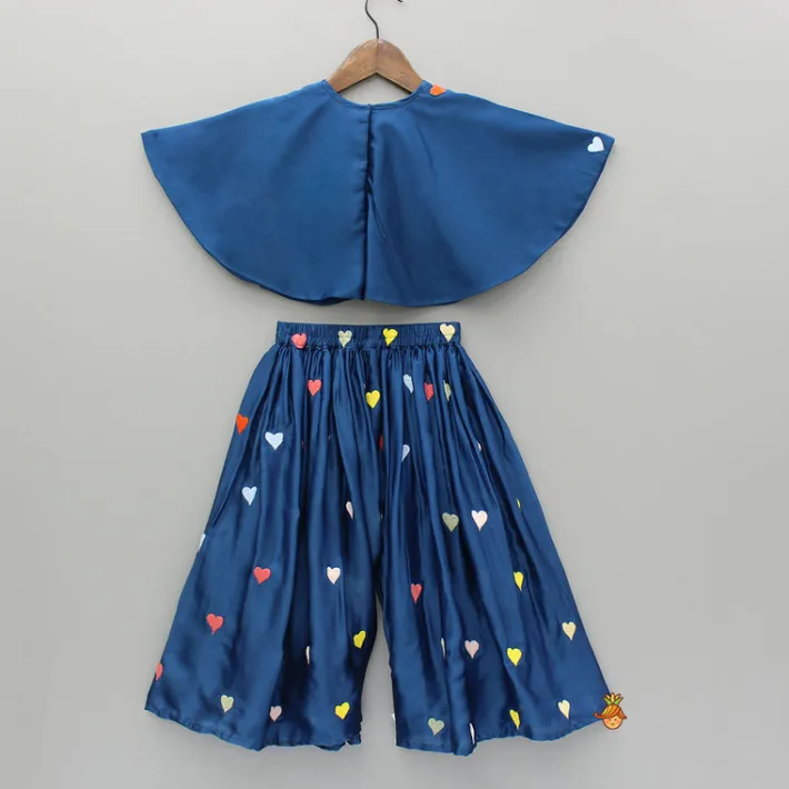 Outlet Blue Heart Embroidered Cape Attached Top And Flared Palazzo Ethnic Wear | Palazzos & Shararas