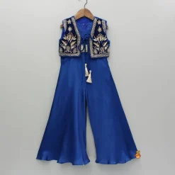 Hot Blue Jumpsuit With Velvet Embroidered Jacket Ethnic Wear