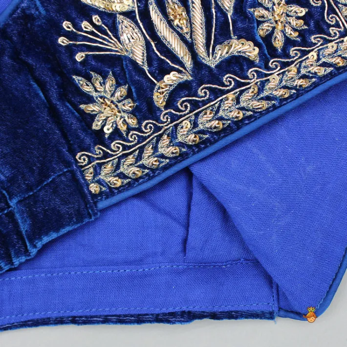 Hot Blue Jumpsuit With Velvet Embroidered Jacket Ethnic Wear
