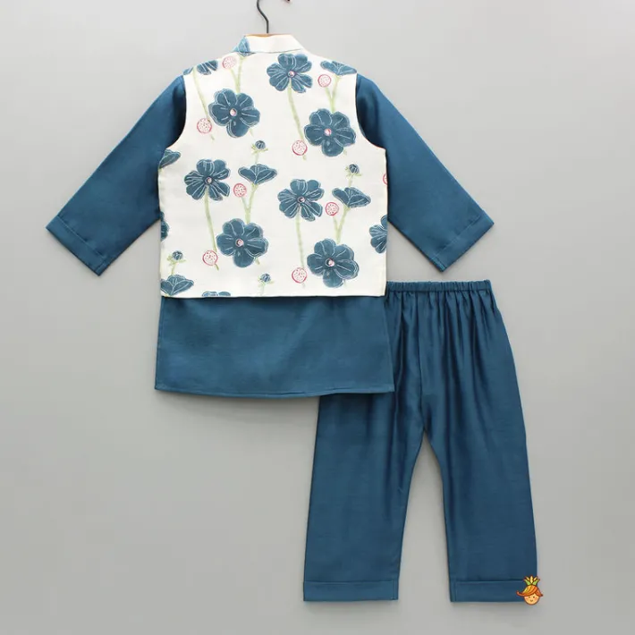 Outlet Blue Kurta And Floral Hand Block Printed Jacket And Pyjama BOY Twinning Sets | Indian Ethnic Wear