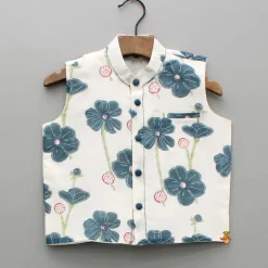 Outlet Blue Kurta And Floral Hand Block Printed Jacket And Pyjama BOY Twinning Sets | Indian Ethnic Wear