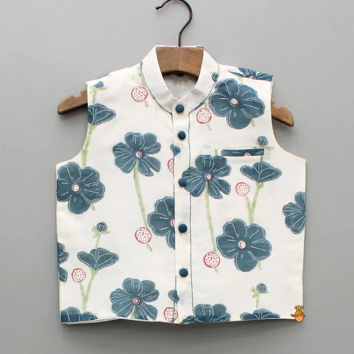 Outlet Blue Kurta And Floral Hand Block Printed Jacket And Pyjama BOY Twinning Sets | Indian Ethnic Wear