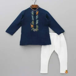 Clearance Blue Kurta With Animal Embroidery And Pyjama BOY Twinning Sets | Indian Ethnic Wear