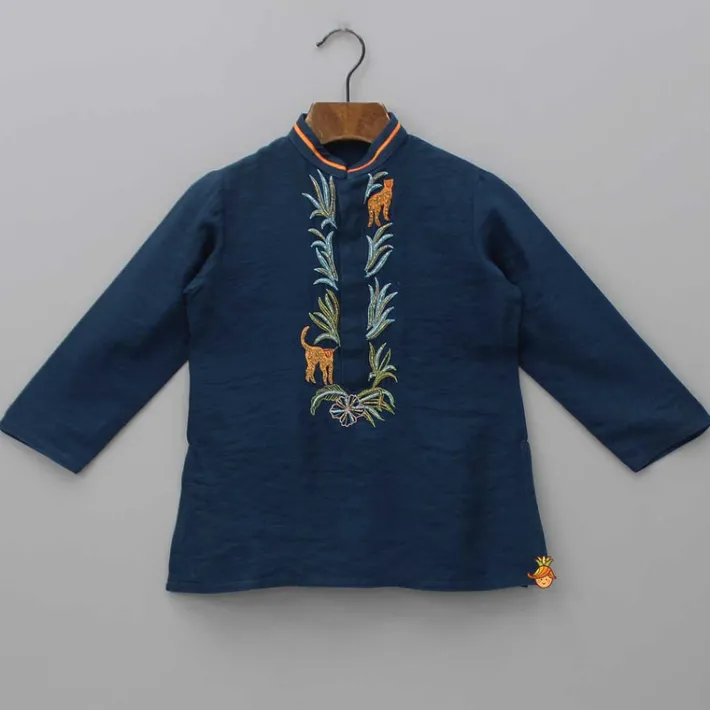 Clearance Blue Kurta With Animal Embroidery And Pyjama BOY Twinning Sets | Indian Ethnic Wear