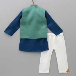 Discount Blue Kurta With Bird Embroidered Green Jacket And Pyjama BOY Indian Ethnic Wear | Ethnic Sets