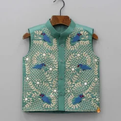 Discount Blue Kurta With Bird Embroidered Green Jacket And Pyjama BOY Indian Ethnic Wear | Ethnic Sets