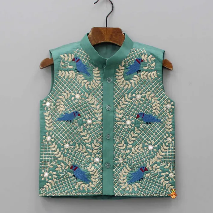 Discount Blue Kurta With Bird Embroidered Green Jacket And Pyjama BOY Indian Ethnic Wear | Ethnic Sets