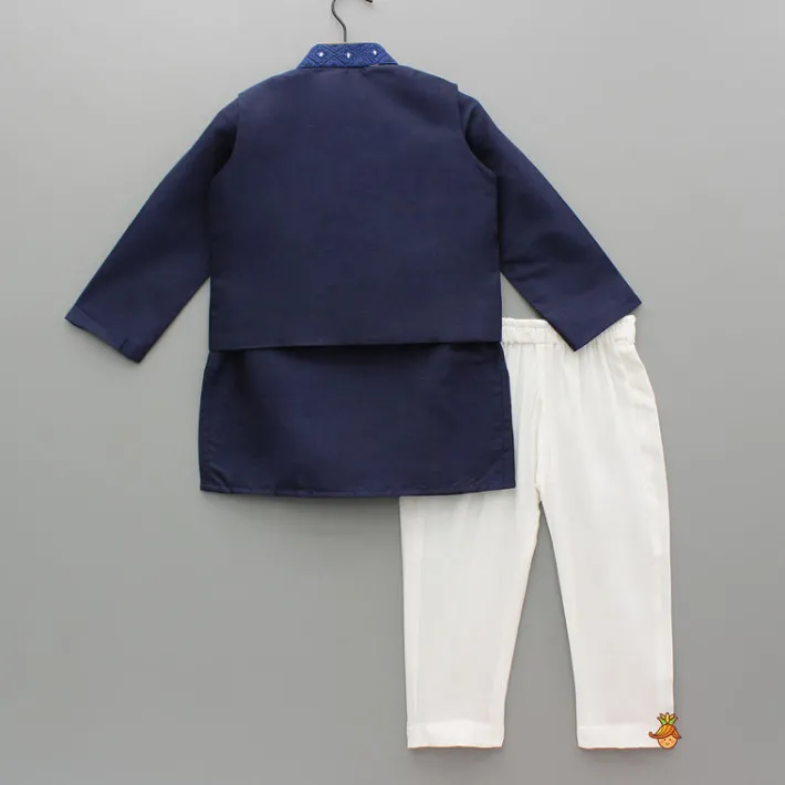 Best Blue Kurta With Diagonal Button Detail Jacket And Pyjama BOY Twinning Sets | Indian Ethnic Wear