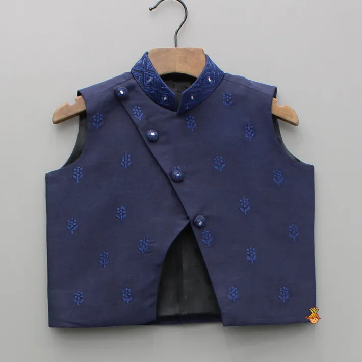 Best Blue Kurta With Diagonal Button Detail Jacket And Pyjama BOY Twinning Sets | Indian Ethnic Wear