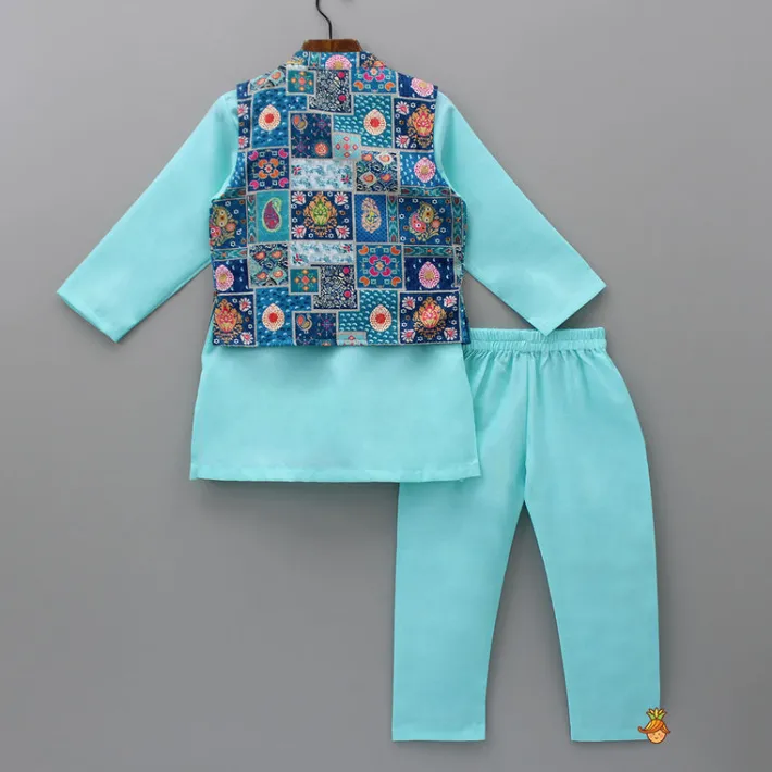 Online Blue Kurta With Multicolour Jacket And Pyjama BOY Indian Ethnic Wear | Ethnic Sets
