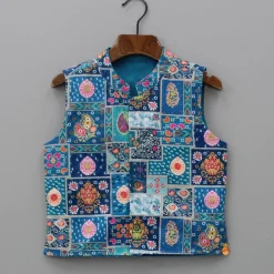 Online Blue Kurta With Multicolour Jacket And Pyjama BOY Indian Ethnic Wear | Ethnic Sets