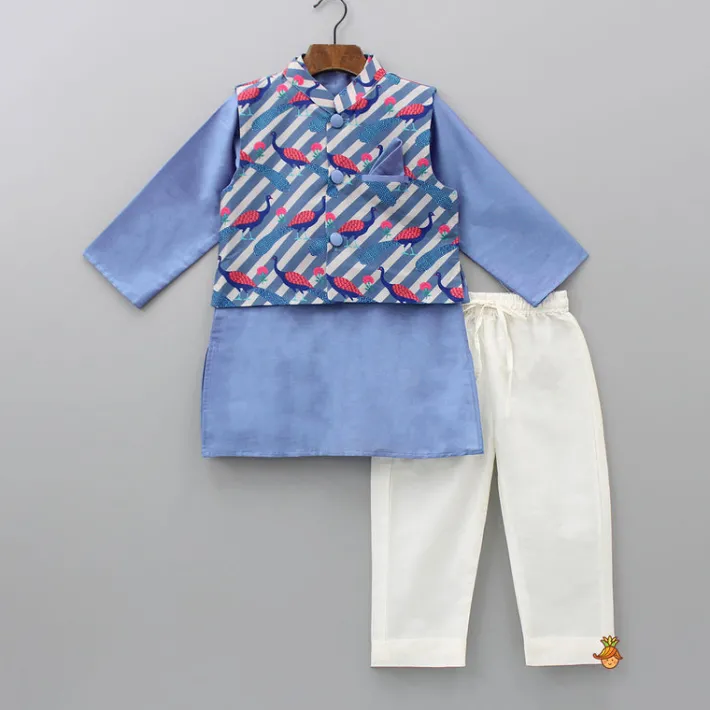 Best Blue Kurta With Peacock Printed Front Open Jacket And Pyjama BOY Twinning Sets | Indian Ethnic Wear