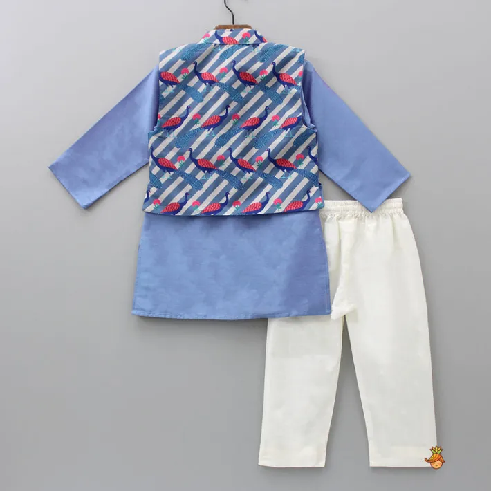 Best Blue Kurta With Peacock Printed Front Open Jacket And Pyjama BOY Twinning Sets | Indian Ethnic Wear