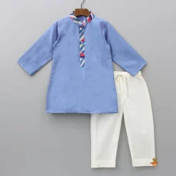 Best Blue Kurta With Peacock Printed Front Open Jacket And Pyjama BOY Twinning Sets | Indian Ethnic Wear