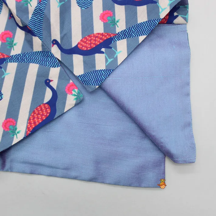 Best Blue Kurta With Peacock Printed Front Open Jacket And Pyjama BOY Twinning Sets | Indian Ethnic Wear
