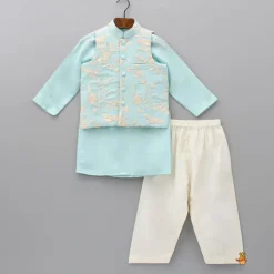 Outlet Blue Kurta With Pocket Detail Embroidered Jacket And Pyjama BOY Indian Ethnic Wear | Ethnic Sets
