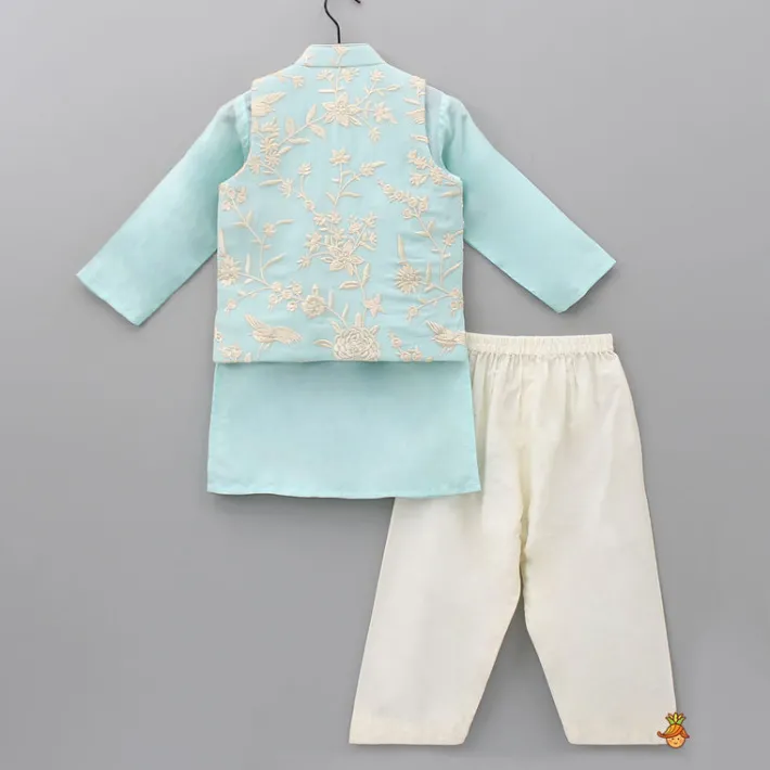 Outlet Blue Kurta With Pocket Detail Embroidered Jacket And Pyjama BOY Indian Ethnic Wear | Ethnic Sets