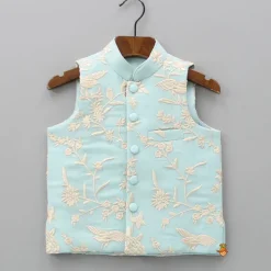 Outlet Blue Kurta With Pocket Detail Embroidered Jacket And Pyjama BOY Indian Ethnic Wear | Ethnic Sets
