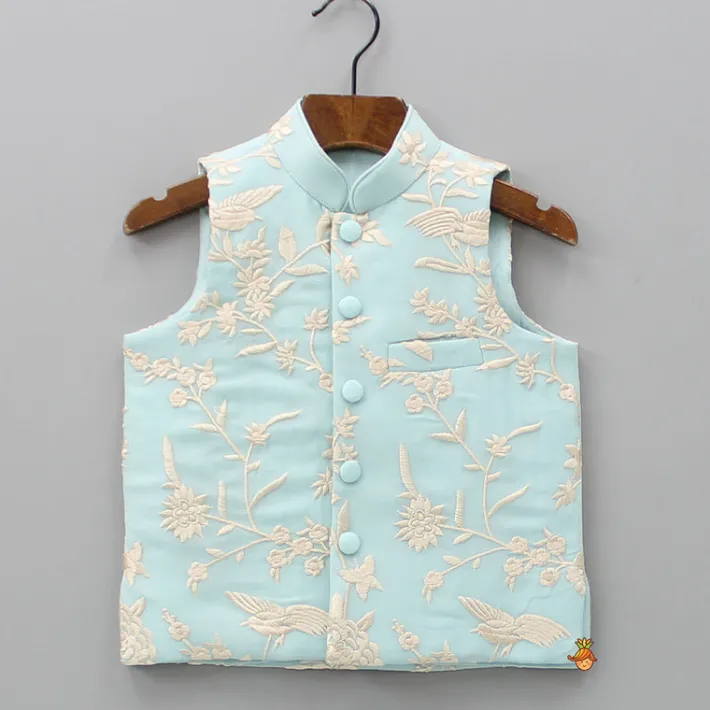Outlet Blue Kurta With Pocket Detail Embroidered Jacket And Pyjama BOY Indian Ethnic Wear | Ethnic Sets